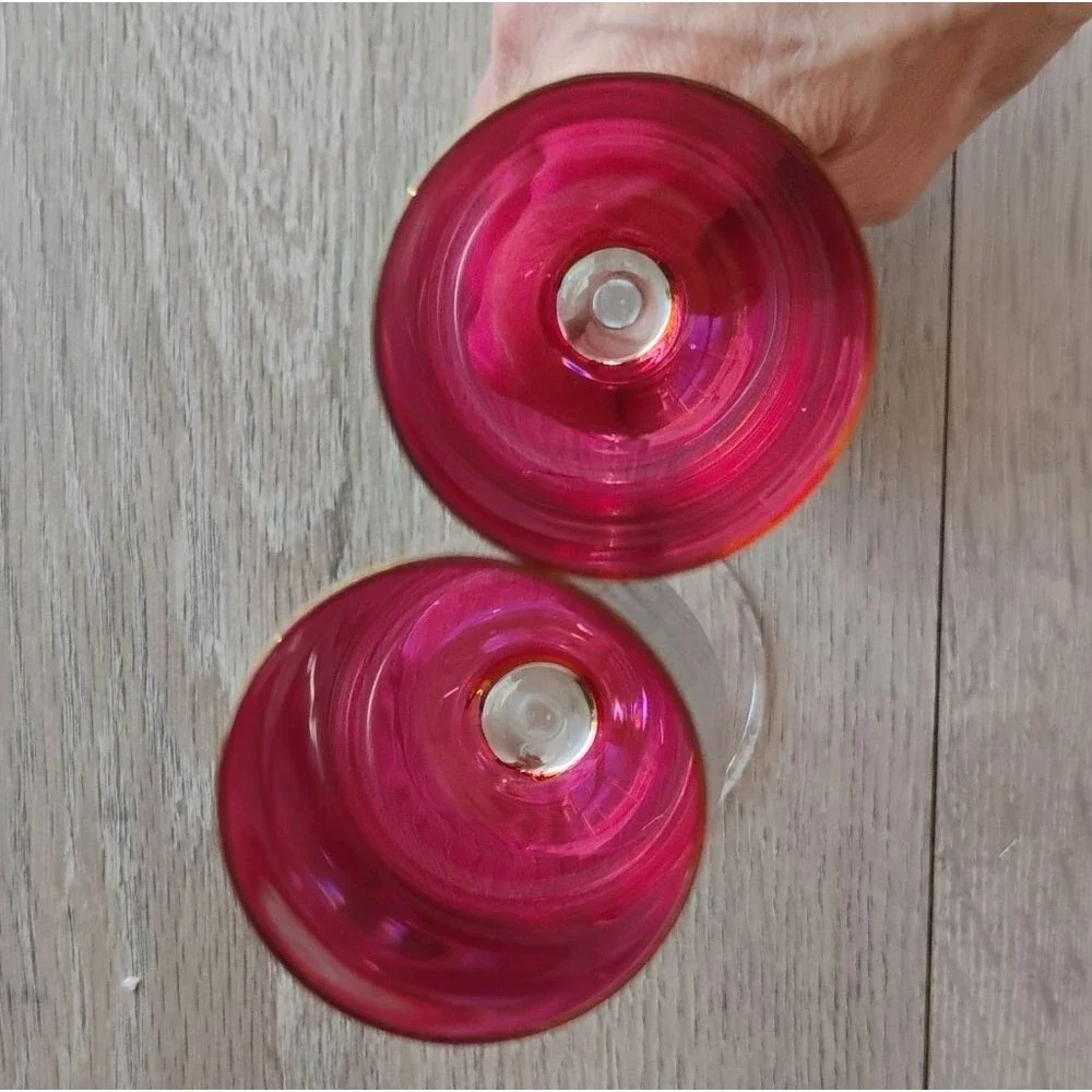 Vintage Red Cranberry Fluted Wine Glasses Set Of 2 Champagne Clear Stem